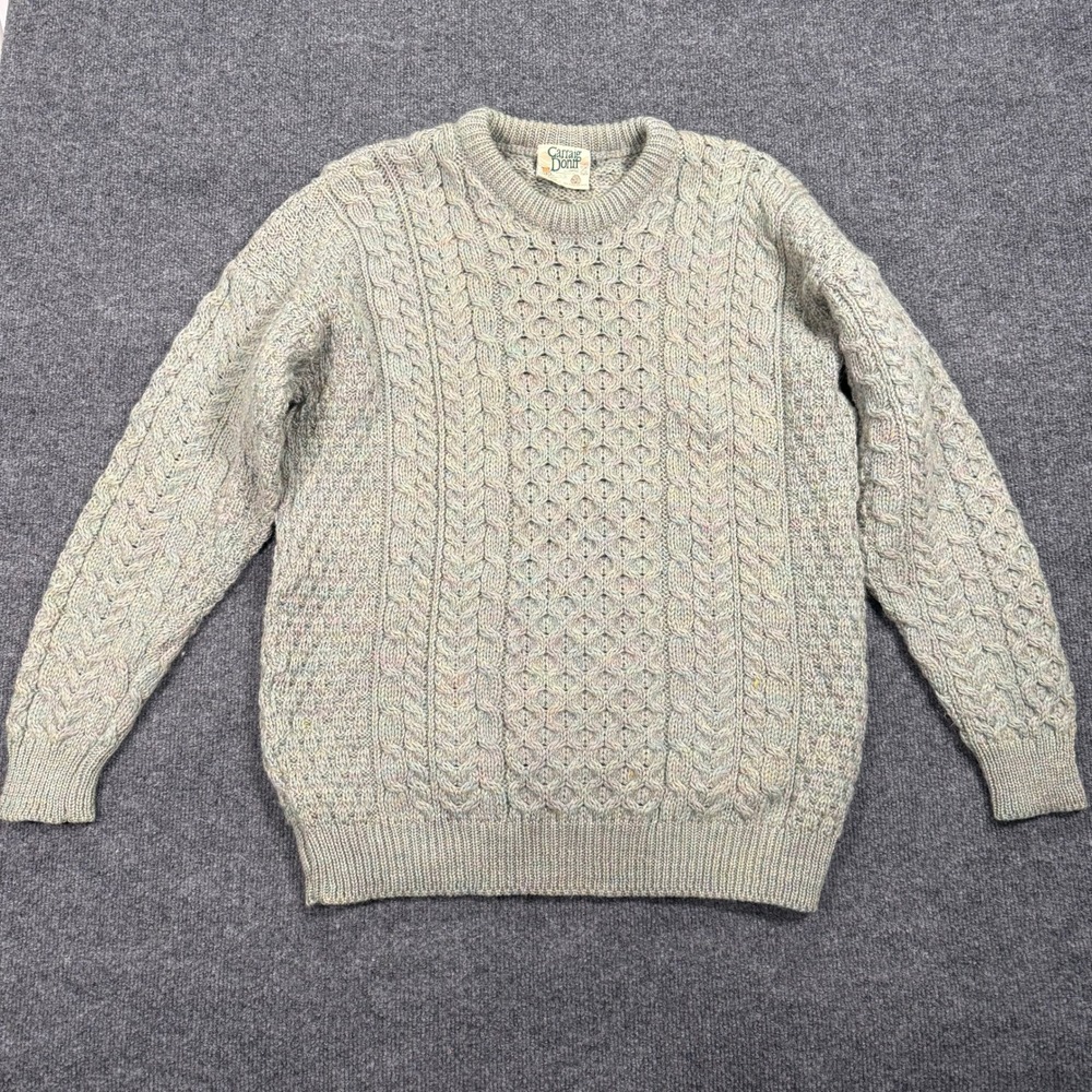 Carraig Donn Aran Wool Sweater Mens Sz M Made in Ireland Cable Knit Pastel Green